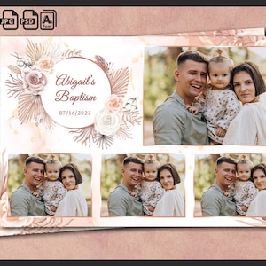 Modèle de cabine photo de baptême, cadre floral bohème Photobooth, mariage, fond 4 x 6, bande moderne, superposition modifiable, psd