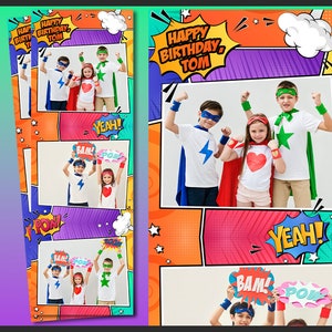 May include: A colorful comic book themed photo booth backdrop with four photo frames. The backdrop features a bright orange, yellow, pink, purple, and blue color scheme with white stars and comic book speech bubbles. The text "Happy Birthday, Tom" is featured in a white speech bubble.