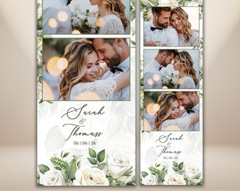 Wedding Photo Booth Template 2x6 White Rose Eucalyptus Greenery Wedding Strip Editable Floral Photobooth Overlay Rustic Elegant PSD PNG