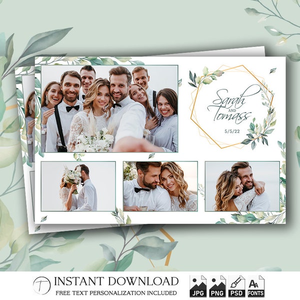 Hochzeit-Fotoautomaten-Vorlage, Eukalyptus-Fotoautomaten-Boho-Grünrahmen, Brautparty, 4x6-Hintergrund, moderner Streifen, bearbeitbares Overlay, PSD