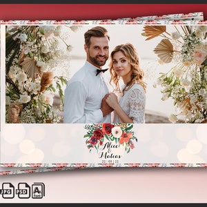 Modèle de cabine photo de mariage, cadre photobooth fleurs roses bohèmes, shower de mariage, arrière-plan 4 x 6, bande moderne, superposition modifiable