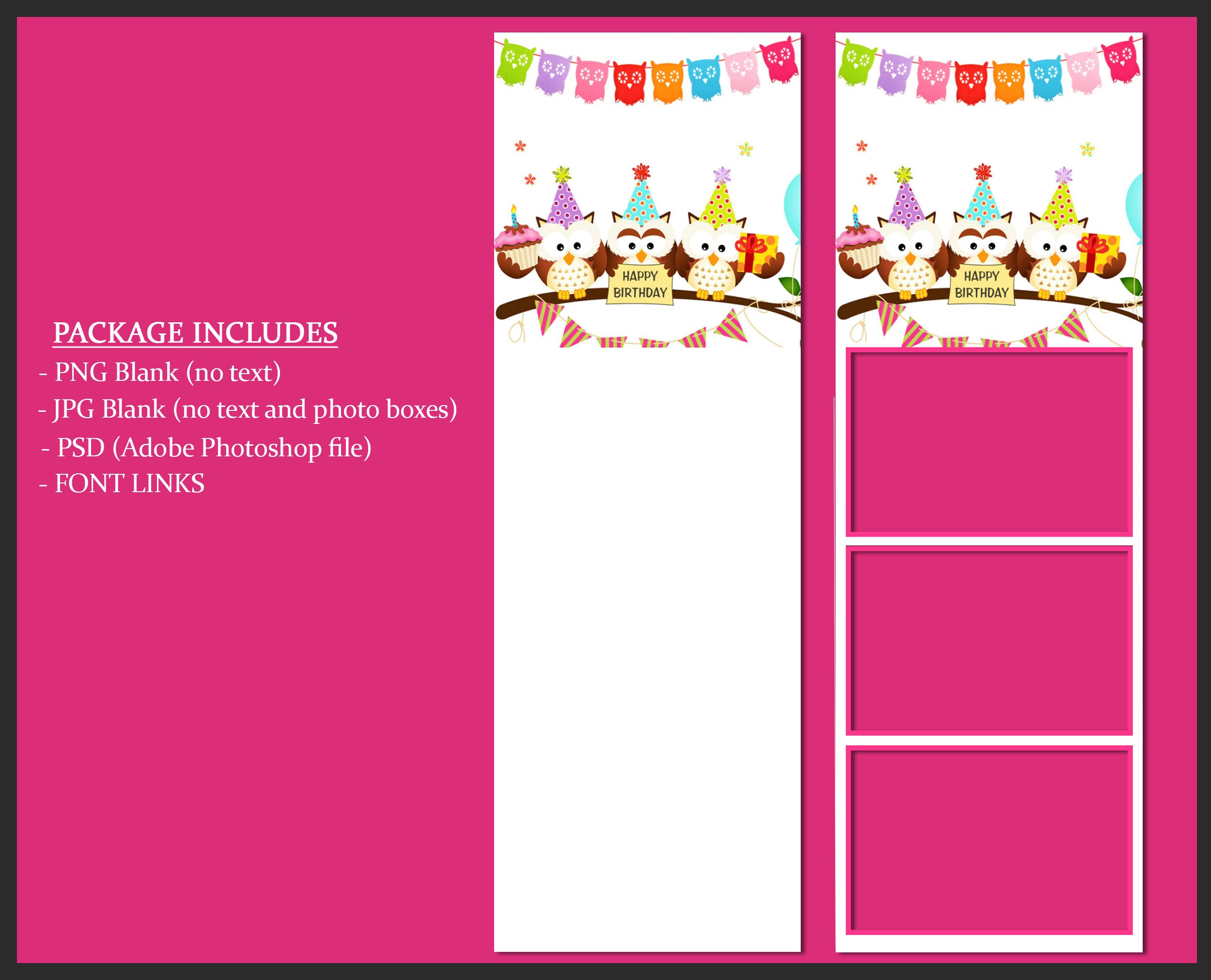 Kids Birthday Photo Booth Template, Photobooth Owl Colorful Frame, Baby Girl Party, 2x6 ...
