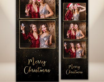 Christmas Photo Booth Strip Template, Black Gold Photobooth 2x6, Editable Holiday Party Print, New Year Photo Booth Overlay PNG PSD