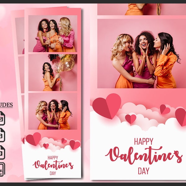 Valentine's Day Photo Booth Template, Photobooth Hearts Frame, Love, 2x6 Background, Modern Minimalist Strip, Editable Overlay, psd, png