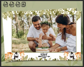 Baby 1st Birthday Photobooth Template 4x6 | Jungle Safari Animal Wild One Theme | Greenery Leaves Photo Booth Frame | Editable PSD PNG