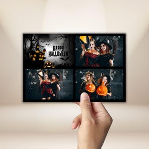 May include: A rectangular collage print featuring a haunted house silhouette with the text Happy Halloween, alongside three photographs of two individuals in witch costumes, one holding a black rabbit mask and another holding a glowing pumpkin.
