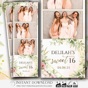 Sweet 16 Photo Booth Template 2x6 | Editable Glam Party Strip PSD | Pink Gold Birthday Overlay | Printable Quinceañera Design | PNG