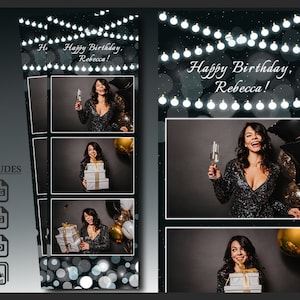 May include: A photo booth backdrop with a black background and white string lights. The text "Happy Birthday, Rebecca!" is written in white on the backdrop. There are three photo strips with a woman in each photo. The woman is wearing a black sequined dress and is holding a glass of champagne in one photo, a stack of gifts in another photo, and a balloon in the third photo.