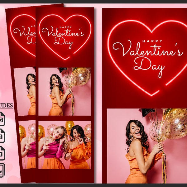 Valentine's Day Photo Booth Template, Photobooth Hearts Frame, Love, 2x6 Background, Modern Minimalist Strip, Editable Overlay, psd