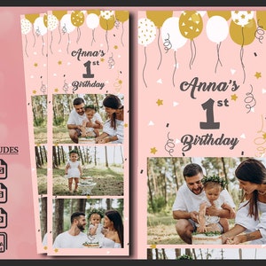 Girl Birthday Photo Booth Templates 2x6 | Balloon Gold, White Party Photobooth Overlay | Editable Pink PSD Strips for Kids Celebration | PNG
