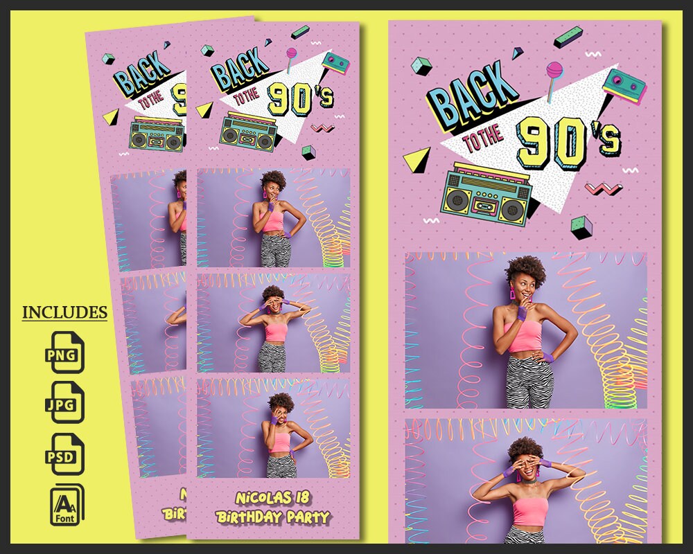 90s Booth Template, Photobooth 1990s Birthday Frame, 2x6 Background ...