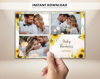 Sunflower Wedding Photo Booth Template, 3 Photo Collage Photobooth 4x6, Editable Rustic Print, Boho Country Wedding, Instant PSD, PNG