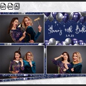 Geburtstags-Fotostand-Vorlage, Photobooth-Ballonrahmen, Brautparty, 4x6-Hintergrund, moderner Scheinstreifen, bearbeitbare Überlagerung, psd, png