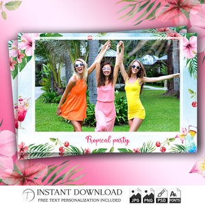 Tropische Fotoautomaten-Vorlage, Fotoautomat Hawaii-Party-Rahmen, 4x6 Hintergrund, moderner Dschungel-Blumenstreifen, bearbeitbare Überlagerung, psd, png, jpg
