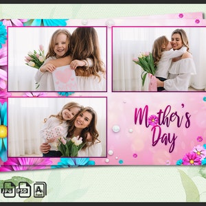 Mother’s Day Photo Booth Template 4x6 | Editable Floral Overlay PSD | Pink Spring Strip for Mom Party | Printable Mothers Frame Design