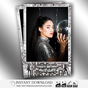 Könnte beinhalten: Ein silberner Glitzer-Fotoautomatenrahmen mit einer Discokugel und dem Text "Liana's Birthday Disco Dance".