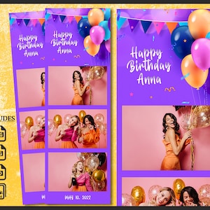 Birthday Photo Booth Template 2x6 | Fun Purple Balloon Layout for Events | Party Strip Design for Celebration Photobooth PNG PSD