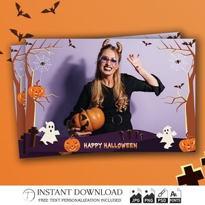 Halloween Photo Booth Template 4x6 | Editable Photobooth Party Strip PSD | Pumpkin Ghost Bat Overlay | Trick or Treat Frame Design | PNG
