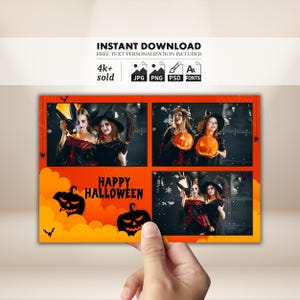 Halloween Photo Booth Template 4x6 | Editable Photobooth Party Strip PSD | Pumpkin Ghost Bat Overlay | Trick or Treat Frame Design | PNG