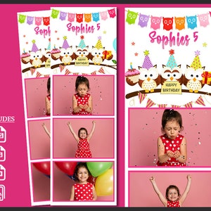 Girl Birthday Photo Booth Templates 2x6 | Owl Theme, Polka Dot Photobooth Party Overlay | Editable Pink PSD Strips for Kids Celebration