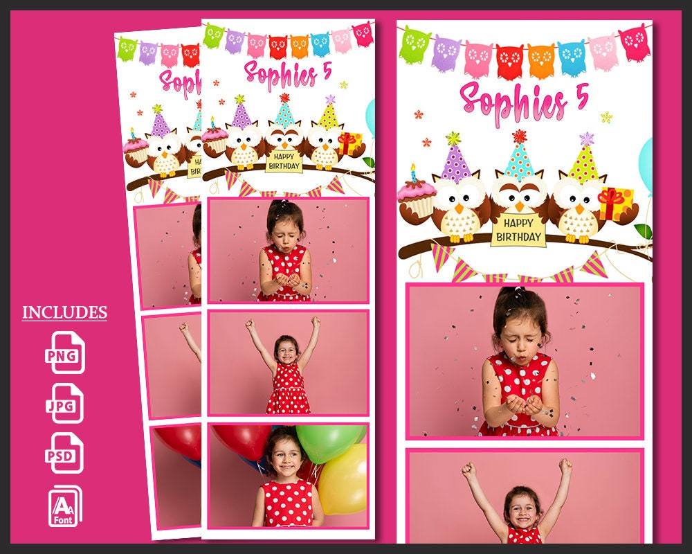 Kids Birthday Photo Booth Template, Photobooth Owl Colorful Frame, Baby Girl Party, 2x6 ...