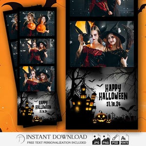 Halloween Photo Booth Template 2x6 | Editable Photobooth Party Strip | Pumpkin Ghost Bat Overlay | Trick or Treat Frame Design | PNG PSD
