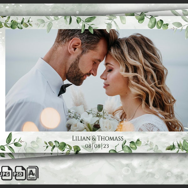 Hochzeit Photobooth Vorlage, Eukalyptus Photobooth Boho Greenery Rahmen, Brautparty, 4x6 Hintergrund, moderne Streifen, bearbeitbares Overlay, psd