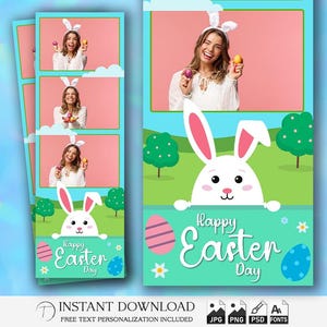Modèle de photomaton de Pâques 2 x 6 | Cadre photobooth lapin et oeufs | Fond floral printanier | Superposition PSD modifiable | Joyeuses Pâques PNG Bande