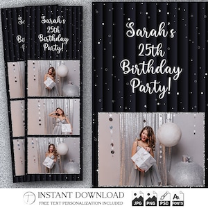 Mall för födelsedagsfotoautomat 2x6 | Elegant svart och silverfärgad ballong-fotoautomatremsa | Konfettifestöverlägg PNG PSD