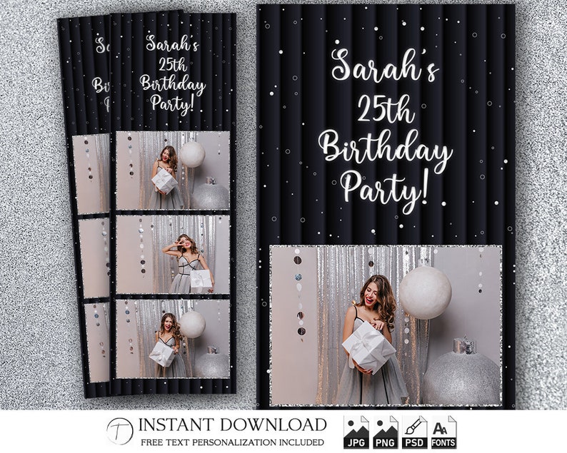 Booth Editable Birthday Photo Booth Template 2x6 | Black and Silver Elegant Balloon ...
