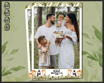 Baby 1st Birthday Photobooth Template 4x6 | Jungle Safari Animal Wild One Theme | Greenery Leaves Photo Booth Frame | Editable PSD Strip
