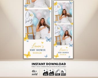 May include: A vertical photo strip design for a baby shower. The design features photos of a pregnant person, balloons, and butterfly illustrations. The text reads "Liana's BABY SHOWER 04.04.26" and "Oh baby". The design includes the words "INSTANT DOWNLOAD".