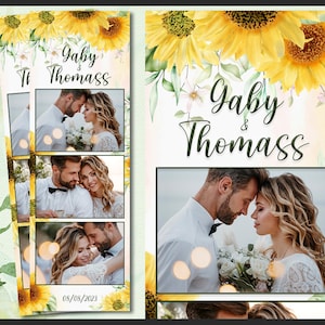 Hochzeit Photobooth Vorlage, Photobooth Sonnenblumen Rahmen, Boho Floral, 2x6 Hintergrund, moderner Streifen, bearbeitbare Überlagerung, psd