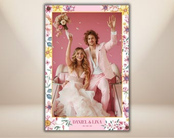 Pink Wedding Photo Booth Template 4x6 Floral Wedding Photobooth Frame Romantic Spring Flowers Wedding Editable PSD PNG Instant Download