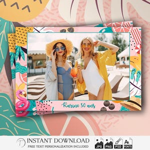 Tropical Photo Booth Template 4x6 Background, Photobooth Hawaii Party Frame, Modern Jungle Floral Strip, Editable Overlay, psd, png, jpg