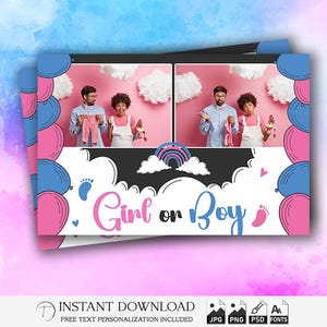 Gender Reveal Photo Booth Template 4x6 | Boy or Girl Party Strip | Editable PSD Overlay | Pink Blue Design for Gender Reveal Event