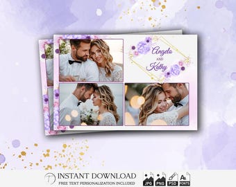 Plantilla para fotomatón de boda de 4 x 6 pulgadas / Tira floral morada / Marco bohemio geométrico con flores rosas y dorado / PSD PNG elegante editable