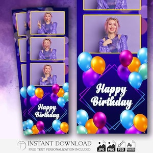 Birthday Photo Booth Template 2x6 | Colorful Purple Neon Balloons Party Strip | Fun Party Design | Kids Birthday Photobooth Layout PNG | PSD
