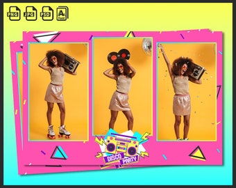 May include: A vibrant collage featuring a woman in a gold sequined outfit, roller skates, and sunglasses, posing with a boombox. The background is yellow, with a pink and teal border and the words "Disco Party".