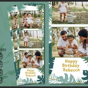 Baby 1st Birthday Photobooth Template 2x6 | Jungle Safari Animal Wild One Theme | Greenery Leaves Photo Booth Frame | Editable PSD Strip