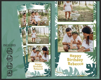 Baby 1st Birthday Photobooth Template 2x6 | Jungle Safari Animal Wild One Theme | Greenery Leaves Photo Booth Frame | Editable PSD Strip