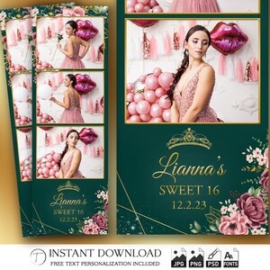 Sweet 16 Photo Booth Template 2x6 | Editable PSD Glam Party Strip | Pink Gold Birthday Overlay | Printable Quinceañera Design | PNG PSD