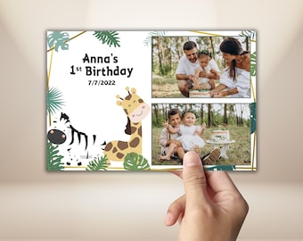 Modelo de cabine de fotos Safari 4x6 para o primeiro aniversário do seu bebê com animais da selva e vegetação. Moldura PNG PSD.