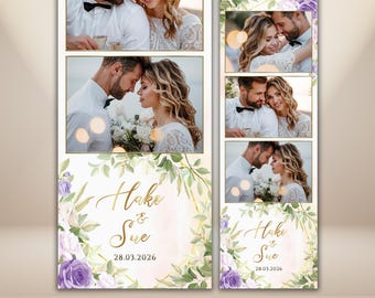 Wedding Photo Booth Template 2x6 Purple Floral Photobooth Strip Editable Lavender Photo Booth Overlay Gold Roses Wedding Instant PNG PSD