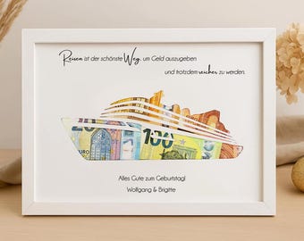 Personalized cash gift with desired motif ship motorhome motorcycle or world map