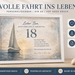 May include: A framed print featuring a sailboat on the ocean at sunset with the text "Lieber Ben, ALLES LIEBE ZUM 18. GEBURTSTAG", the number "18", and a German poem. The design includes a compass rose, birds, and soft watercolor-style clouds.