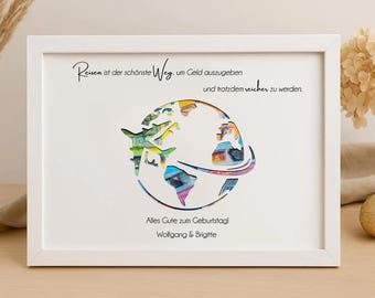 Personalized cash gift with world map and airplane motif for travel enthusiasts as a special gift for a wedding, retirement or birthday