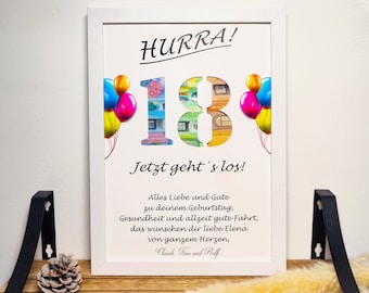 Regalo de cumpleaños número 18, regalo en efectivo personalizado, regalo de recuerdo para niña o niño que llega a la mayoría de edad, con marco de fotos con nombre, idea de regalo DIY