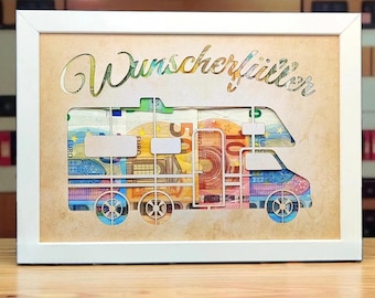 Wish-fulfilling cash gift camper motorhome gift idea vacation retirement birthday travel gift wood