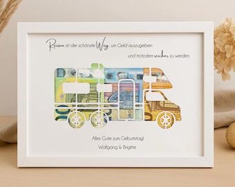 Personalized cash gift with camper van motif perfect travel gift for retirement vacation wedding